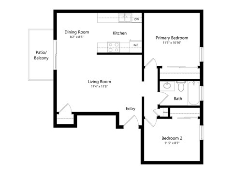 Floor plan for 2 beds, 1 bath